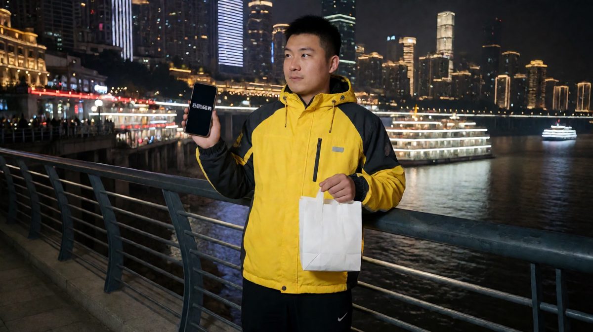 与此同时，配送员骑着电动车来到了真正的重庆朝天门