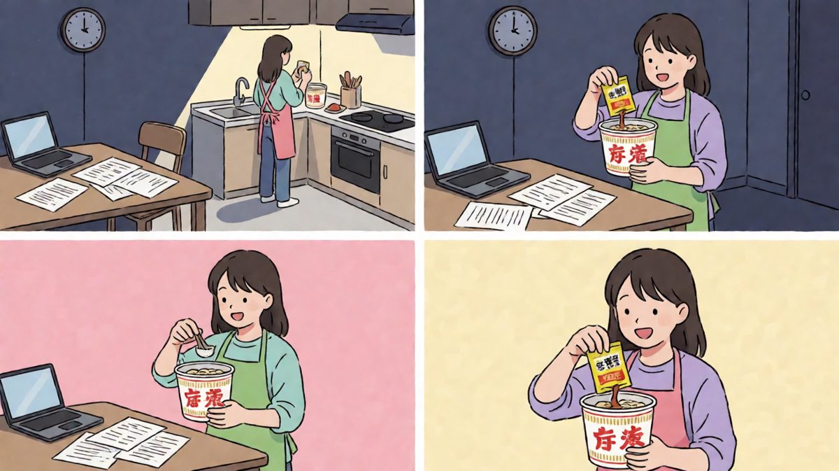 深夜加班结束，青年自信满满地开始煮泡面。