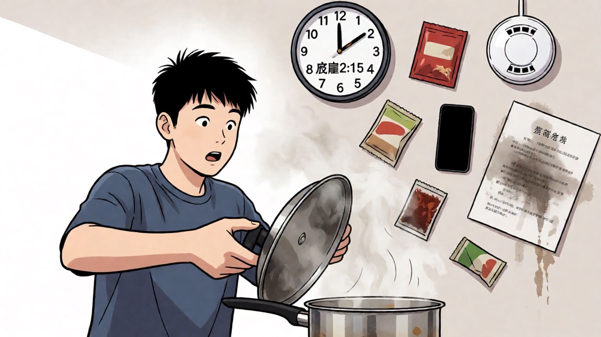 发现晚了！泡面已经糊成一锅炭，紧急扑火中。