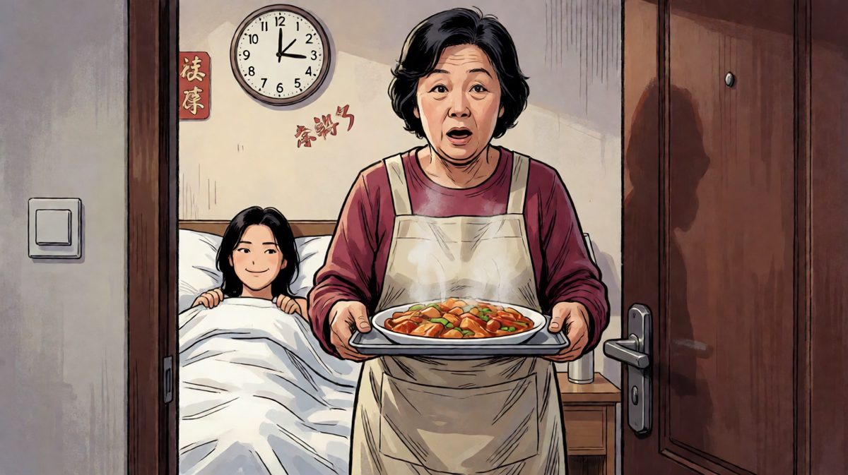 第四格：妈，我今天……在倒时差