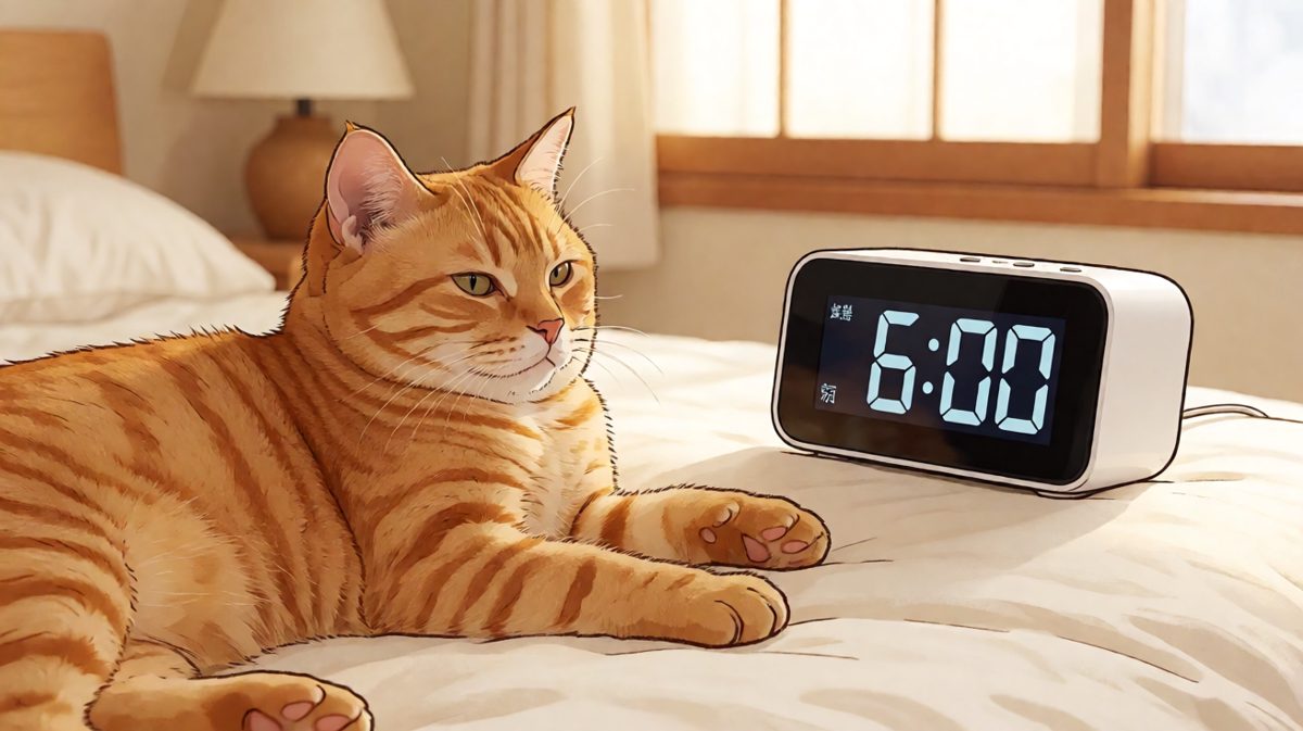闹钟响了，橘猫艰难睁眼，内心OS：才六点……