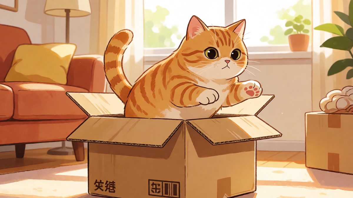 猫咪：盒子说它想让我进来，但我好像……进不去了。