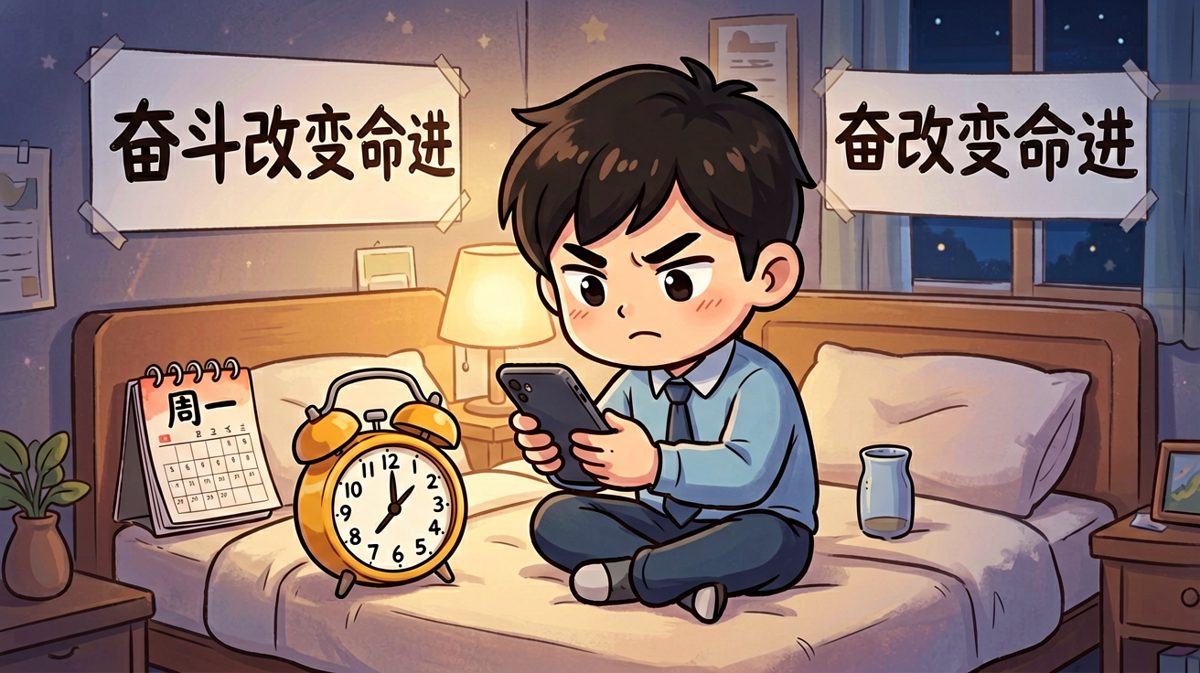 晚上信心满满定好闹钟，发誓明天一定早起。
