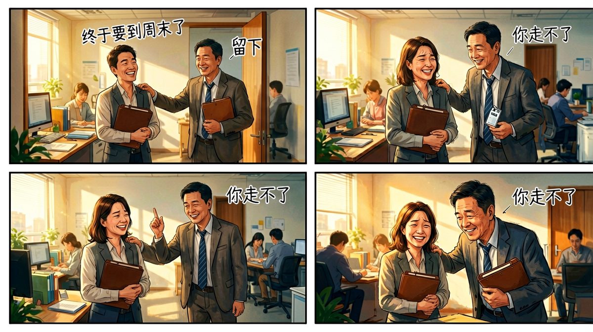 员工：'老板，我下周有年假……' 老板：'我知道，所以才让你这周末来补上啊。'
