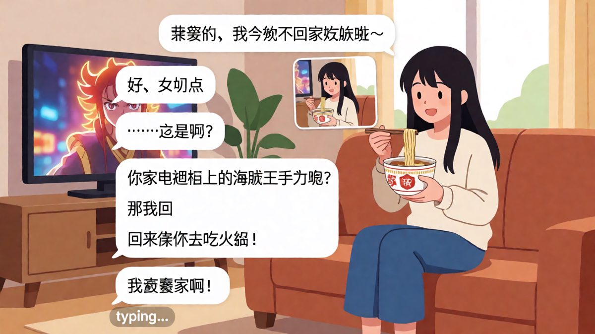 谎称去闺蜜家实则宅家追番吃泡面，被一个手办无情拆穿。