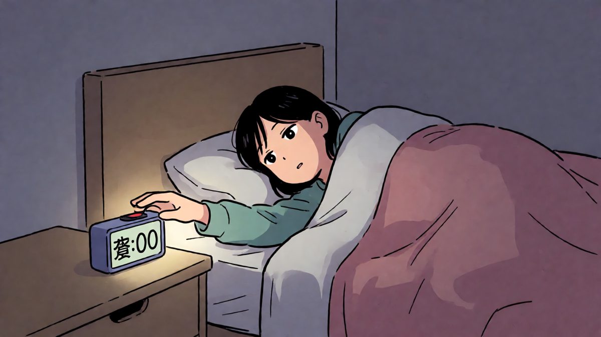 闹钟准时响起，主角困倦地一把按掉。