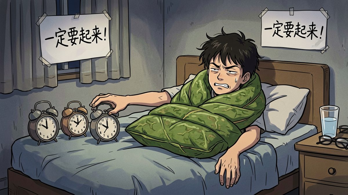 闹钟狂响，主角在床上做最后的挣扎