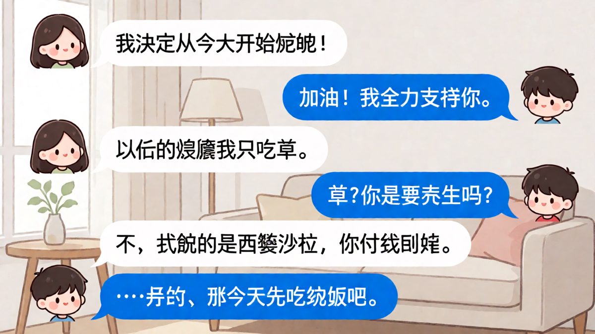 女生说要减肥只吃草，男生以为是素食养生，结果她是要吃西餐让男生买单。