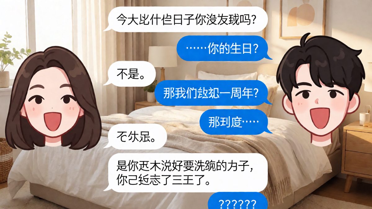 女生暗示纪念日，男生越猜越错，最后发现只是她盯着一件家务活盯了三天。