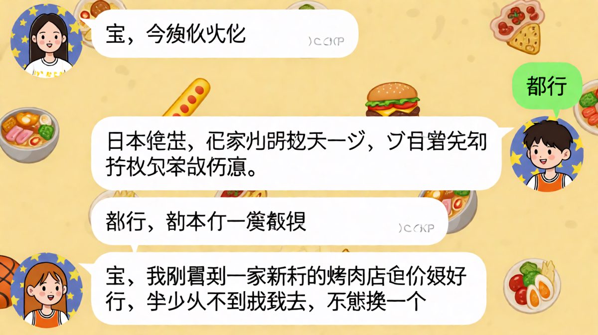 女生问吃什么男生说都行，结果提出各种否决后反被要求'吃土'，最终妥协烤肉但限时半小时。