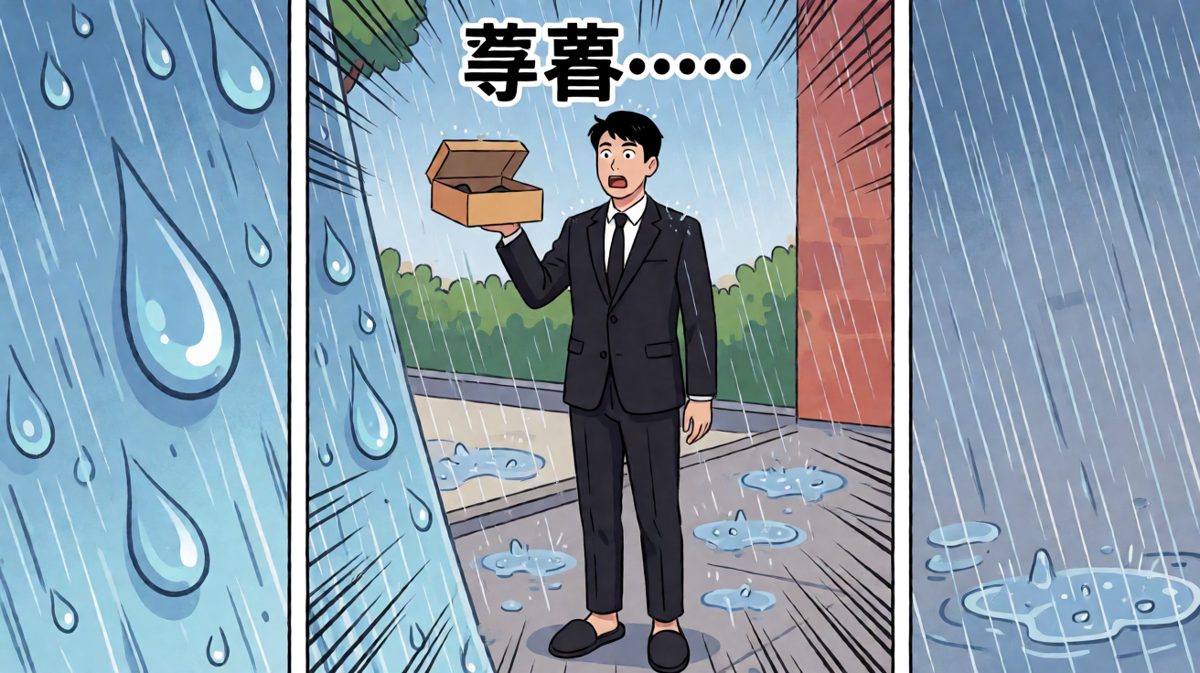 冲到门口才发现外面暴雨倾盆，还只穿了一只鞋
