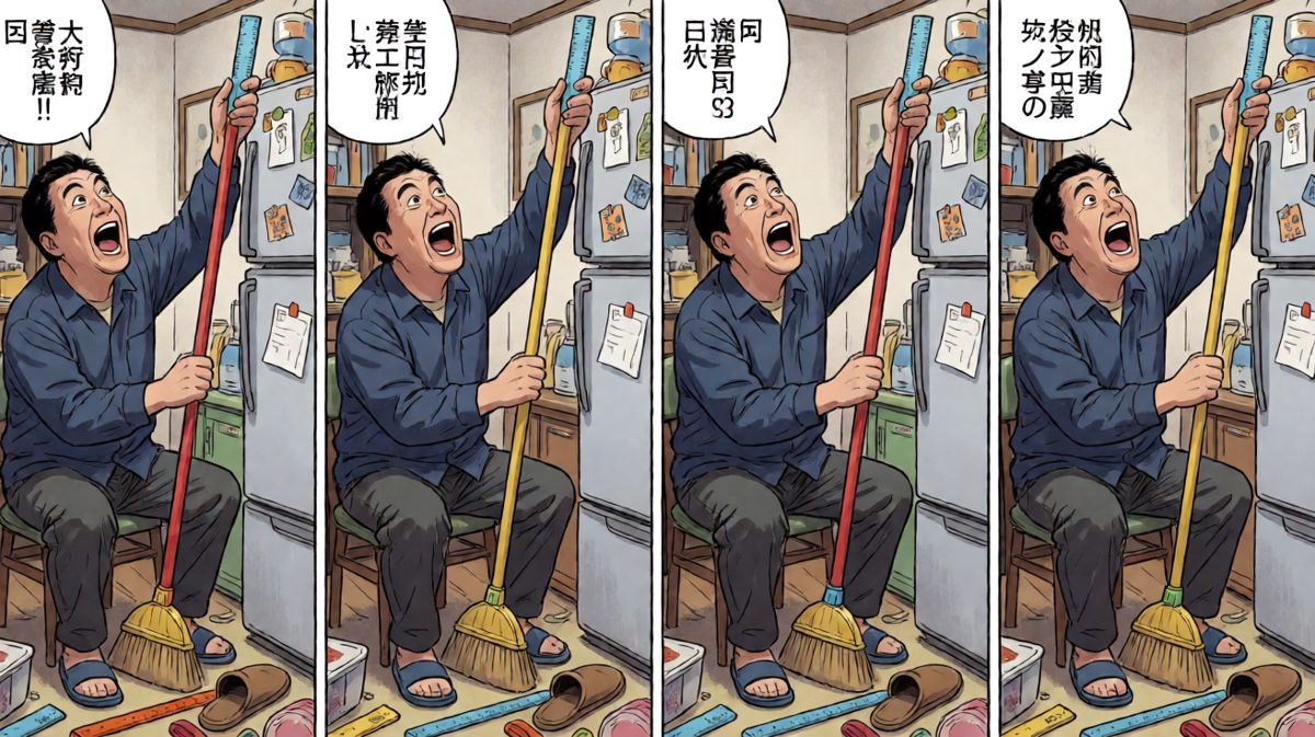 第二格：精密'特工装备'登场——尺子+拖把杆+拖鞋的三合一机械臂，社畜的理工男精神爆发。
