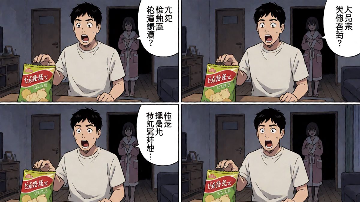 第三格：就在触手可及时——一道来自背后的高音，社畜的'胜利者微笑'瞬间冻结。