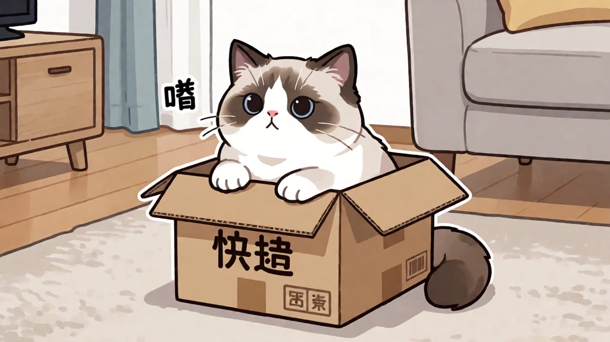箱子：你进来啊；猫：我进来了