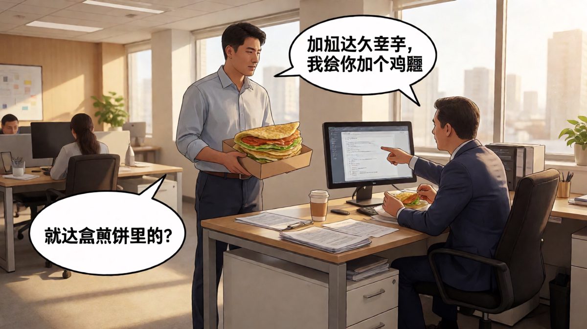 老板承诺加班有鸡腿奖励，结果员工打开电脑发现是一条'精神嘉奖令'，而老板嘴里正嚼着真鸡腿