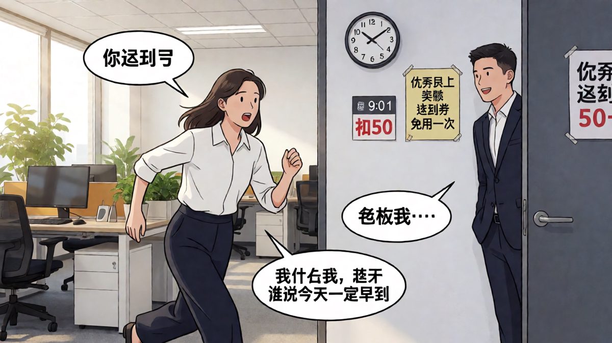 老板抓员工迟到，员工急中生智搬出上周老板自己承诺的'弹性工作制'，结果老板说'我说的是弹性，不是延迟'