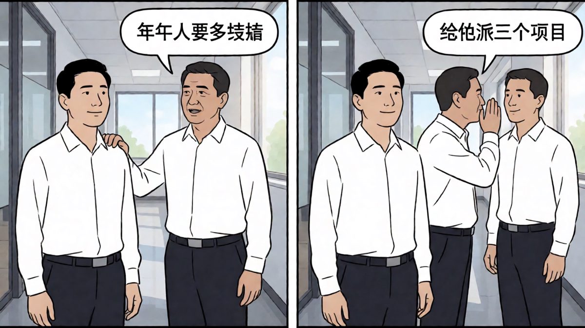 老板：年轻人要压担子。员工：感谢领导栽培！老板（转头）：给他加三项目，压重点的