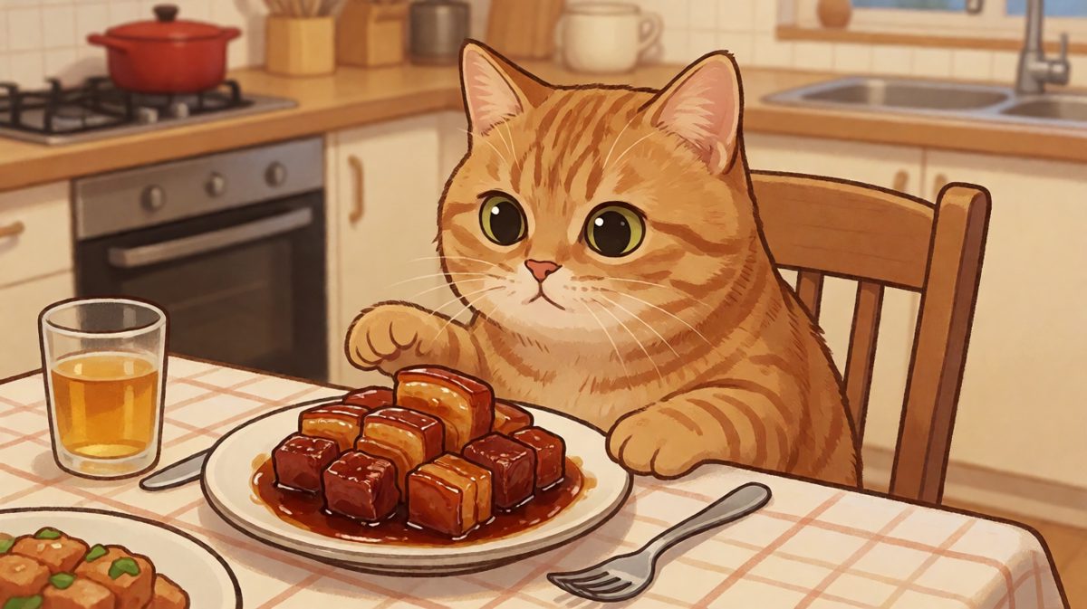 猫咪：我只是尝一口……好像有点好吃……唔唔唔！