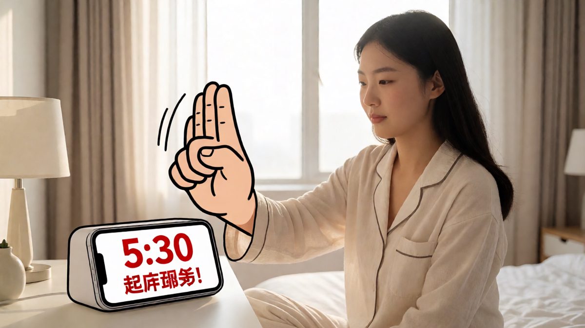 第一格：闹钟响起，雄心万丈，决心今天一定跑步！