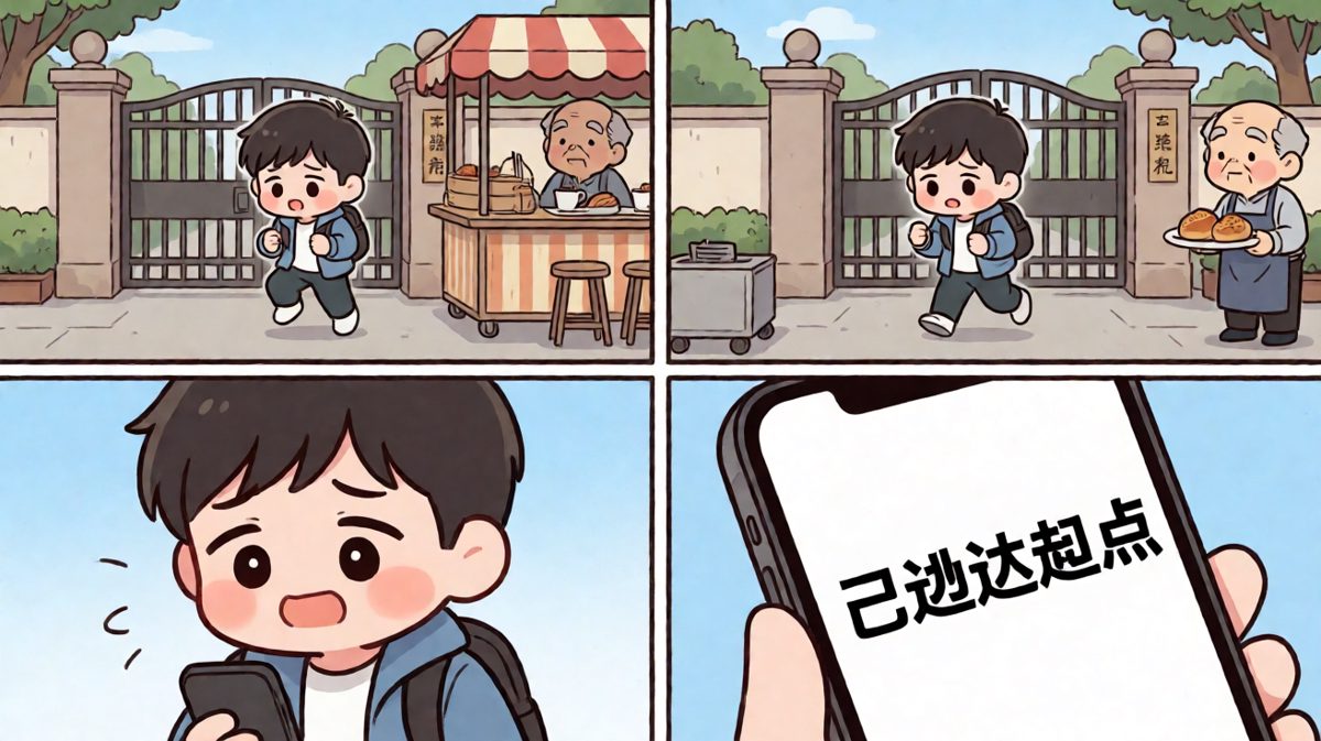 第四格：跑了半小时，原来只在小区门口转了一圈……