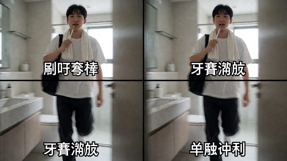 极限三分钟内完成洗漱穿衣，动作行云流水。