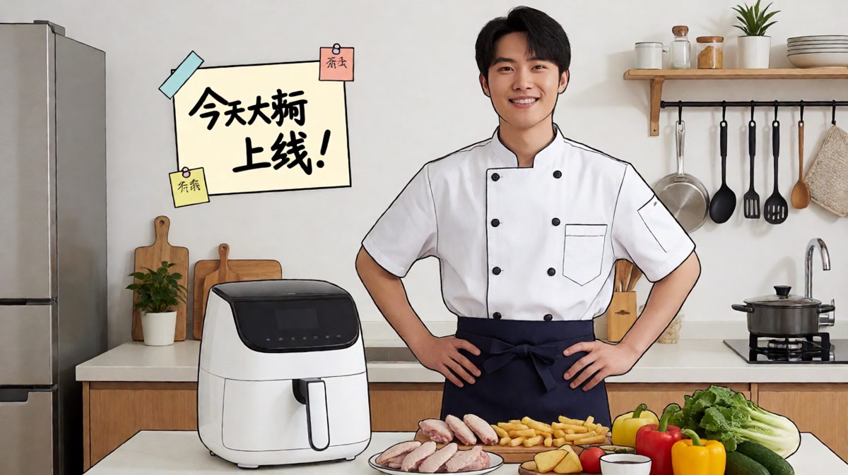 小王雄心勃勃，准备用新买的空气炸锅大展身手。