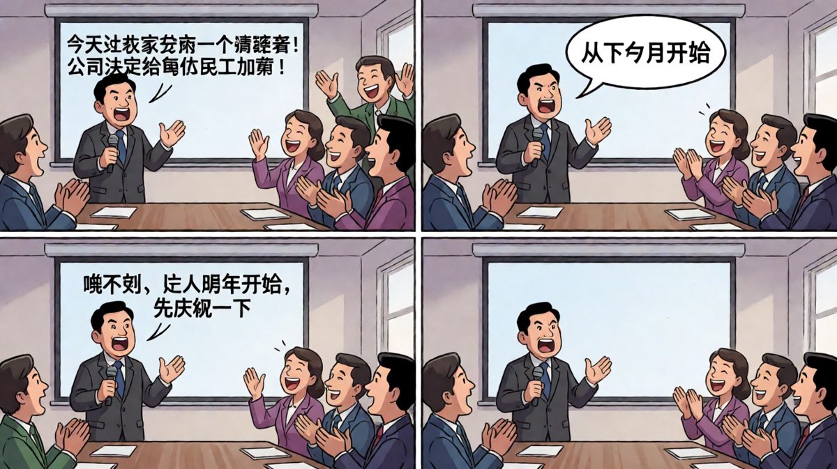 老板说要加薪，全场欢呼后被告知要等到明年，表情瞬间凝固