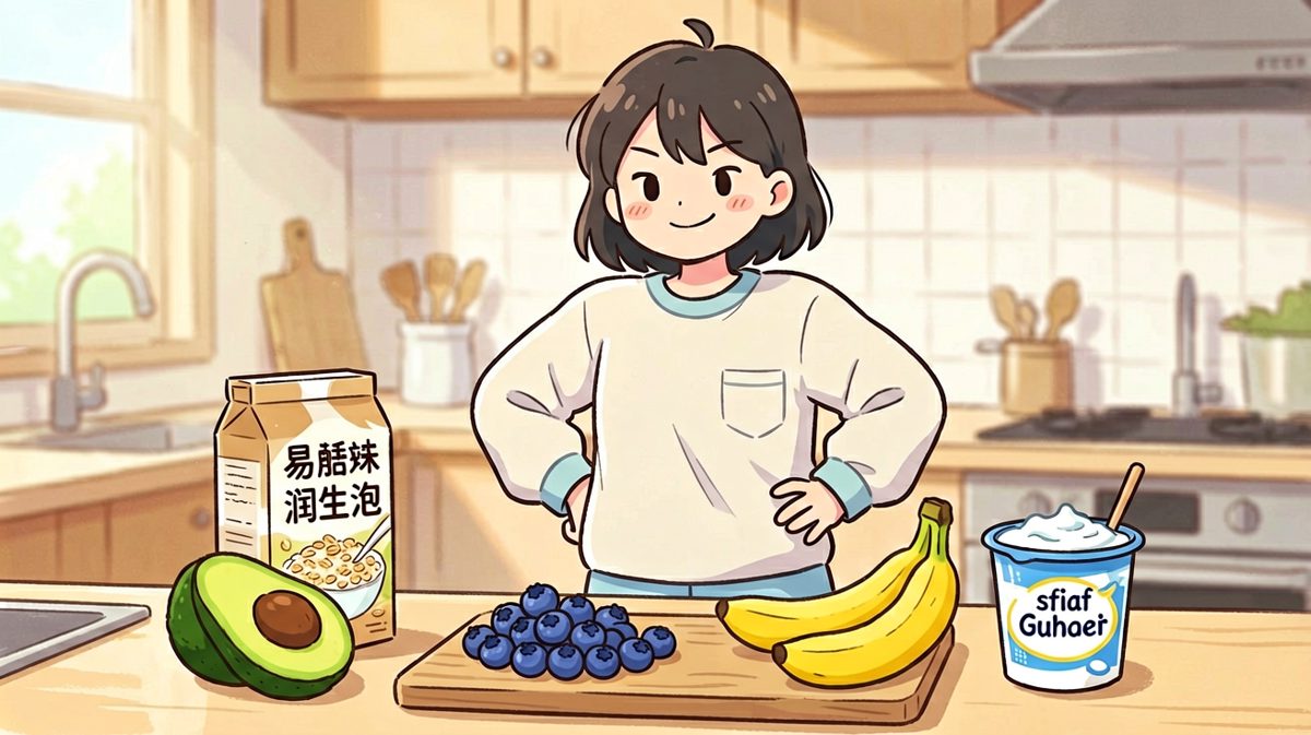 清晨的阳光中，主角信心满满地宣布今天要吃健康早餐