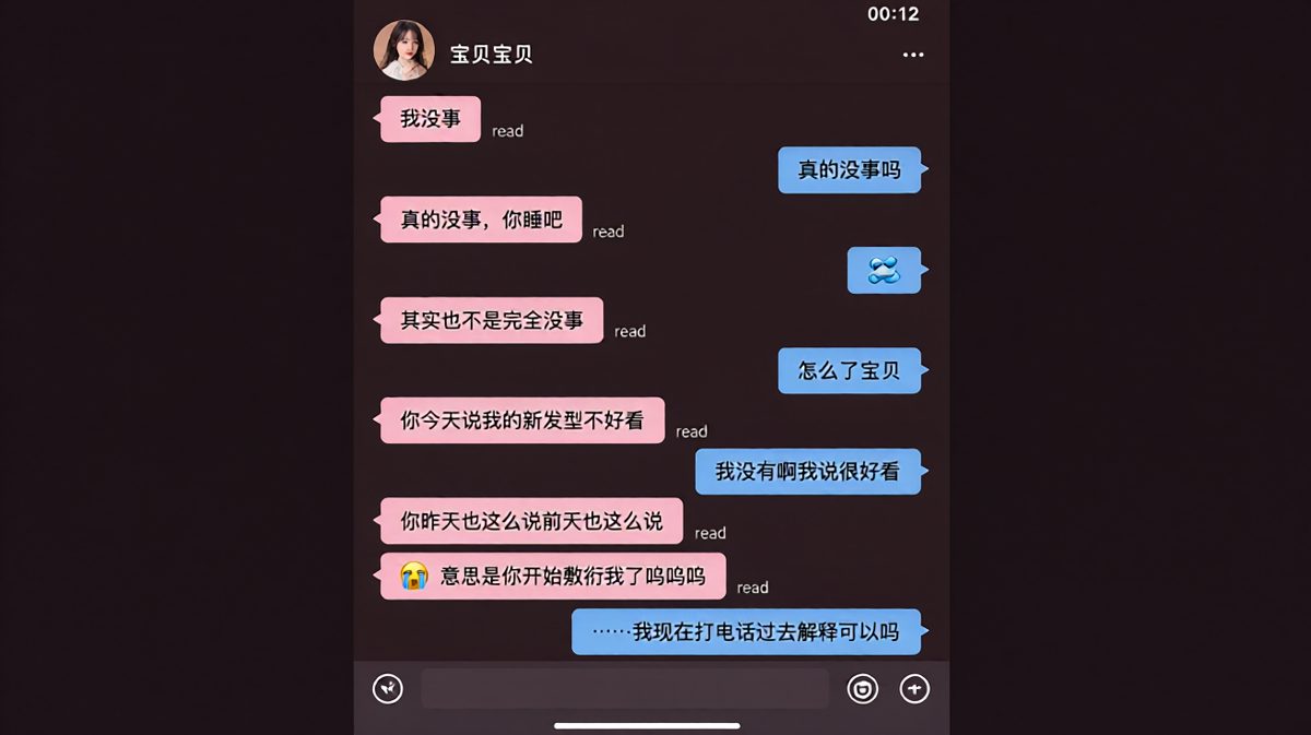 '我没事'的翻译腔：字面意思是没有事，真实意思是快来自习哄我。