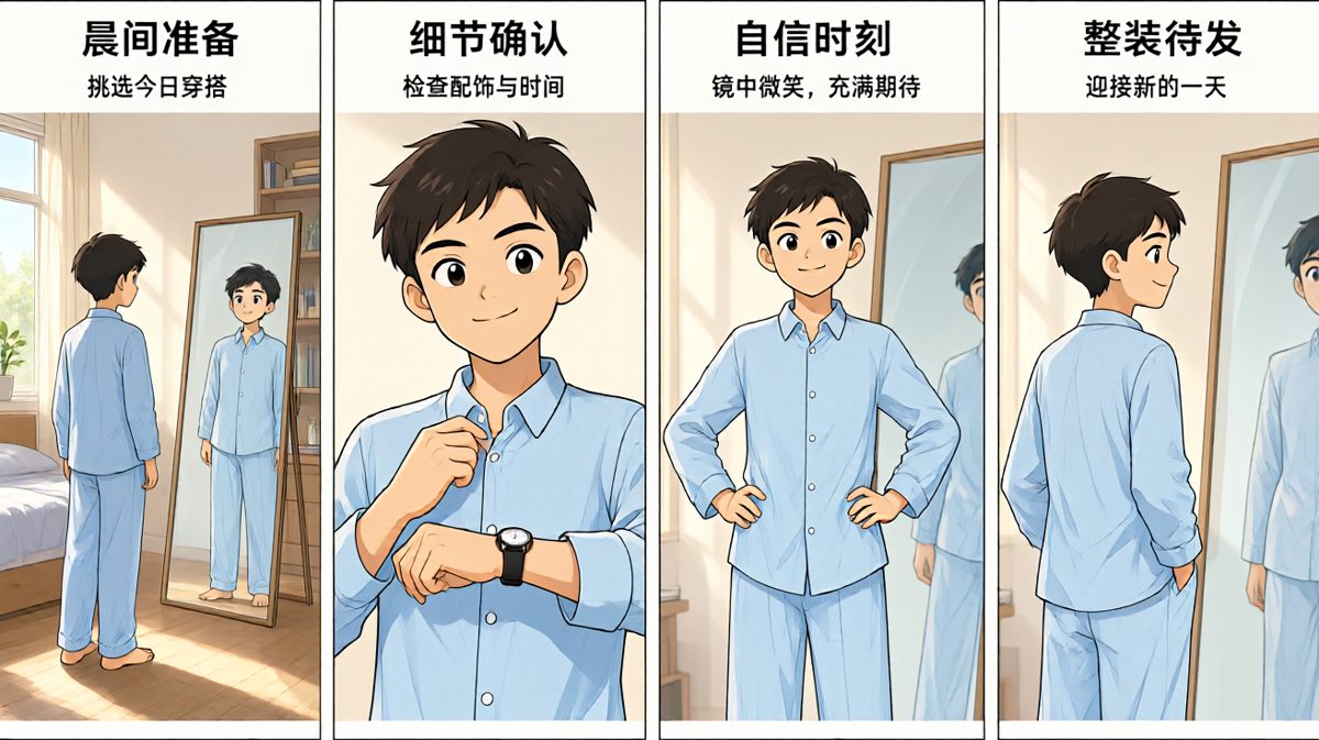 出门前，自信满满地欣赏自己的穿搭。