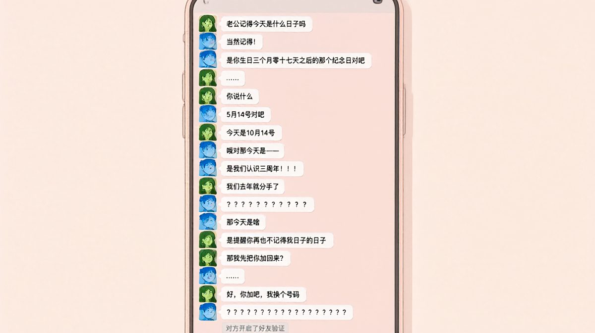 「我们去年就分手了」——三年纪念日的惊喜反转。