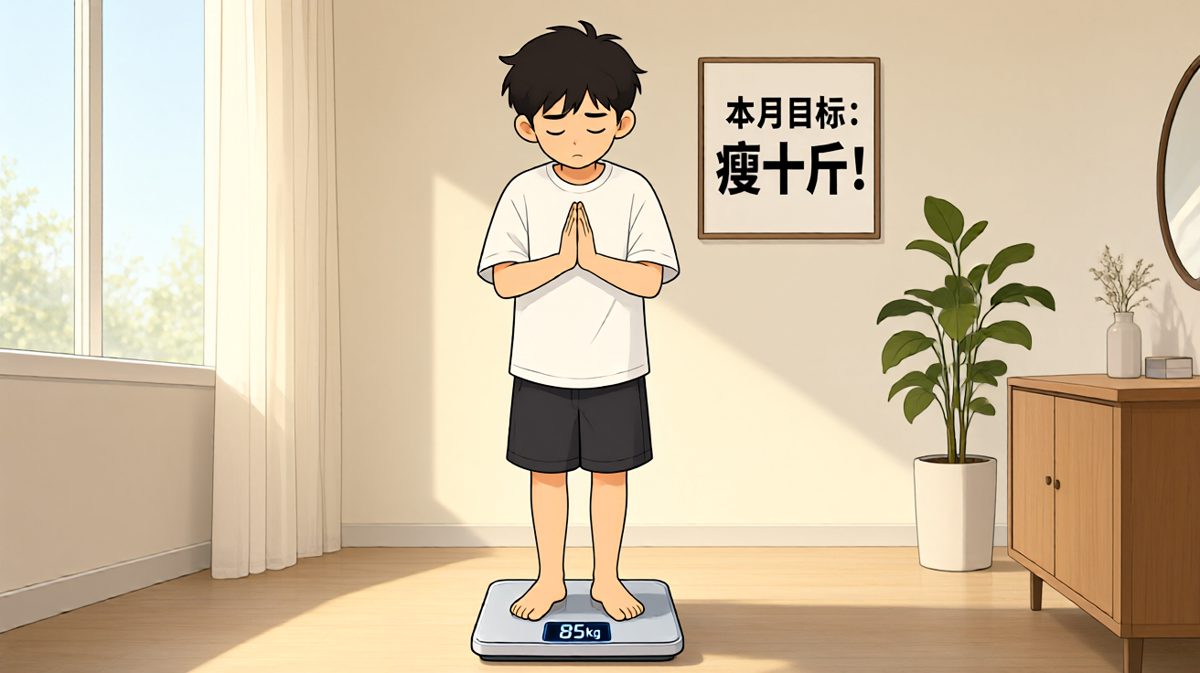 主角雄心满满站上体重秤，立下一月瘦十斤的flag。