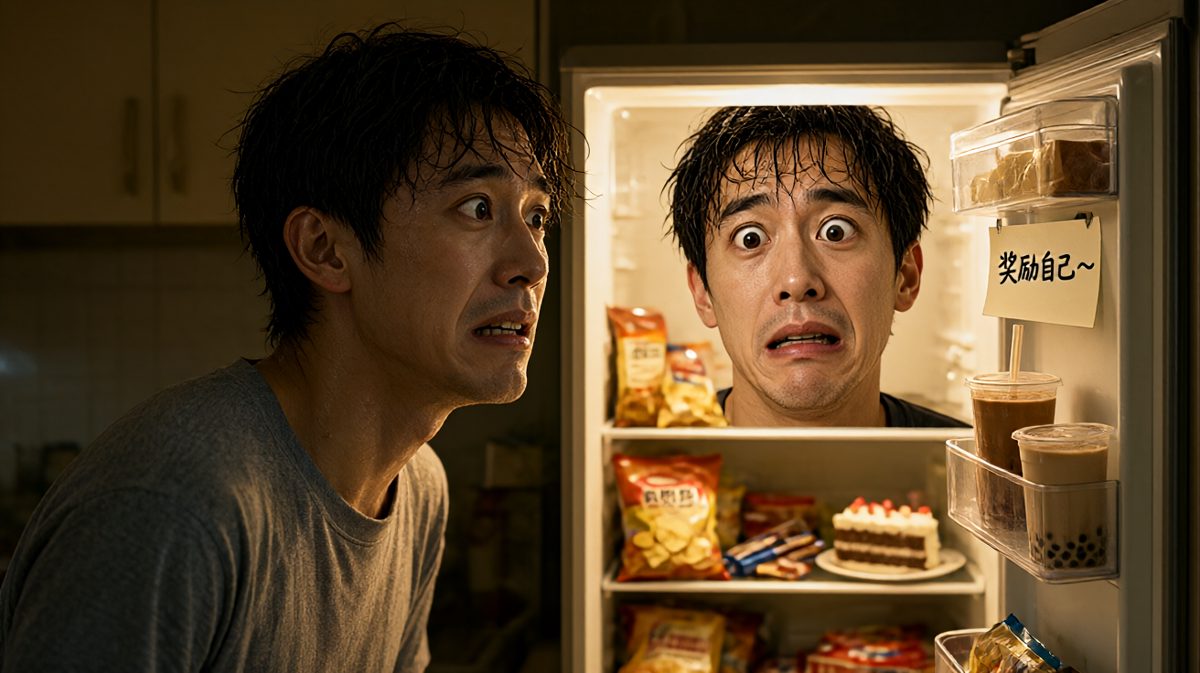 运动完打开冰箱……结果被零食大军包围，防线开始动摇。