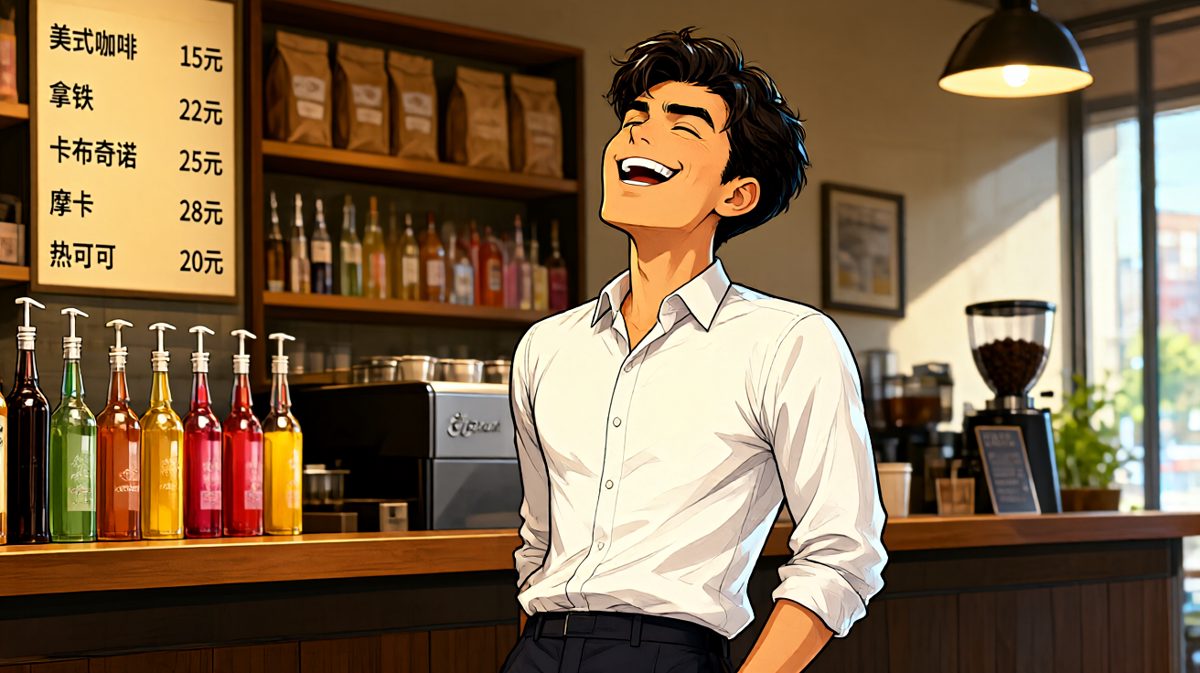 自信满满走进咖啡店的社恐青年