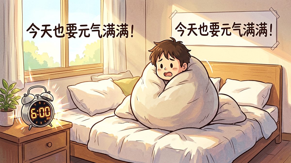 闹钟响了，主角还在被窝里做最后的挣扎。