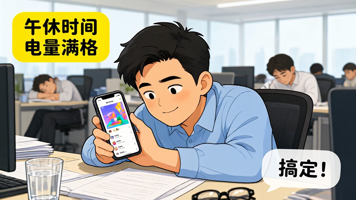 午休时间，员工躲在工位上偷偷刷手机，还乐开了花。