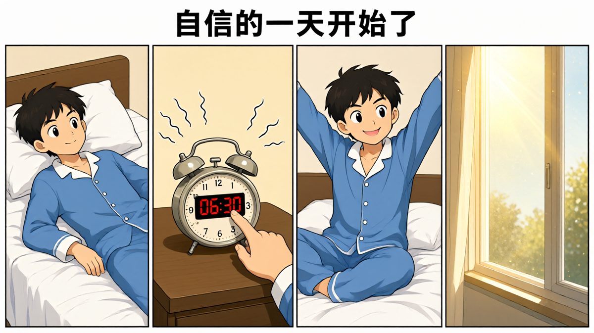 闹钟响起，小明信心满满地开启新的一天