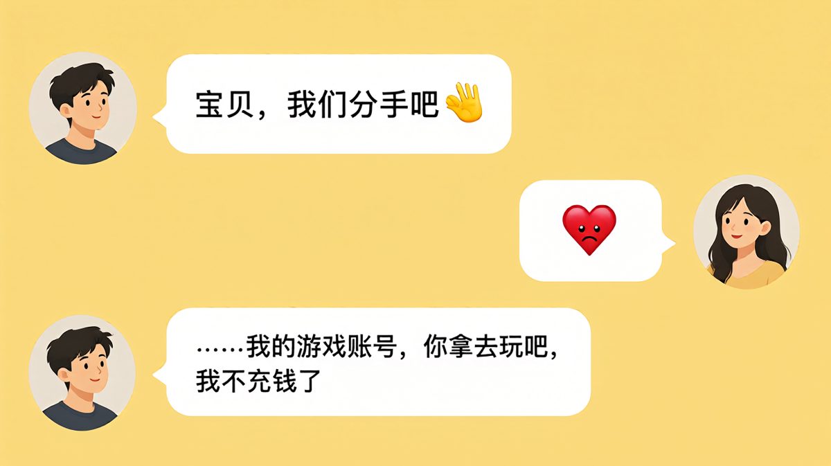 男生用"分手"开头吓唬女友，反转说是把游戏账号让给她