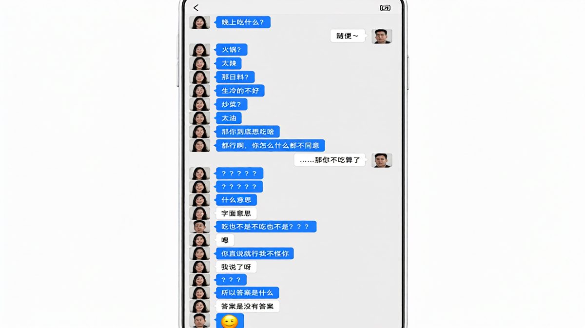 「随便」是情侣间最难解的开放性命题，最终男生用「不吃算了」终结了这道送命题。