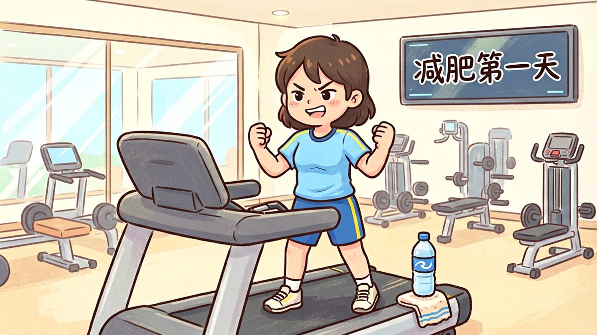 雄心壮志的减肥第一天，主角站在健身房里信心满满。