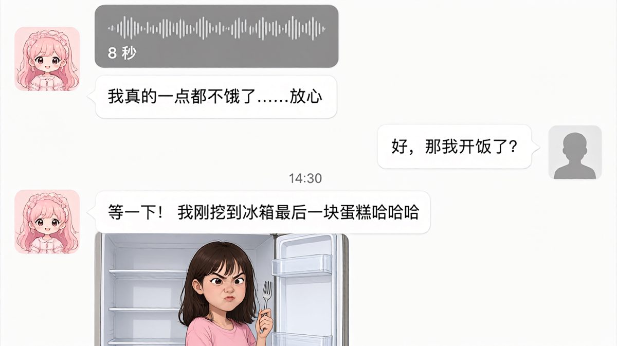 嘴硬说不饿，手却很诚实地挖了冰箱最后一块蛋糕