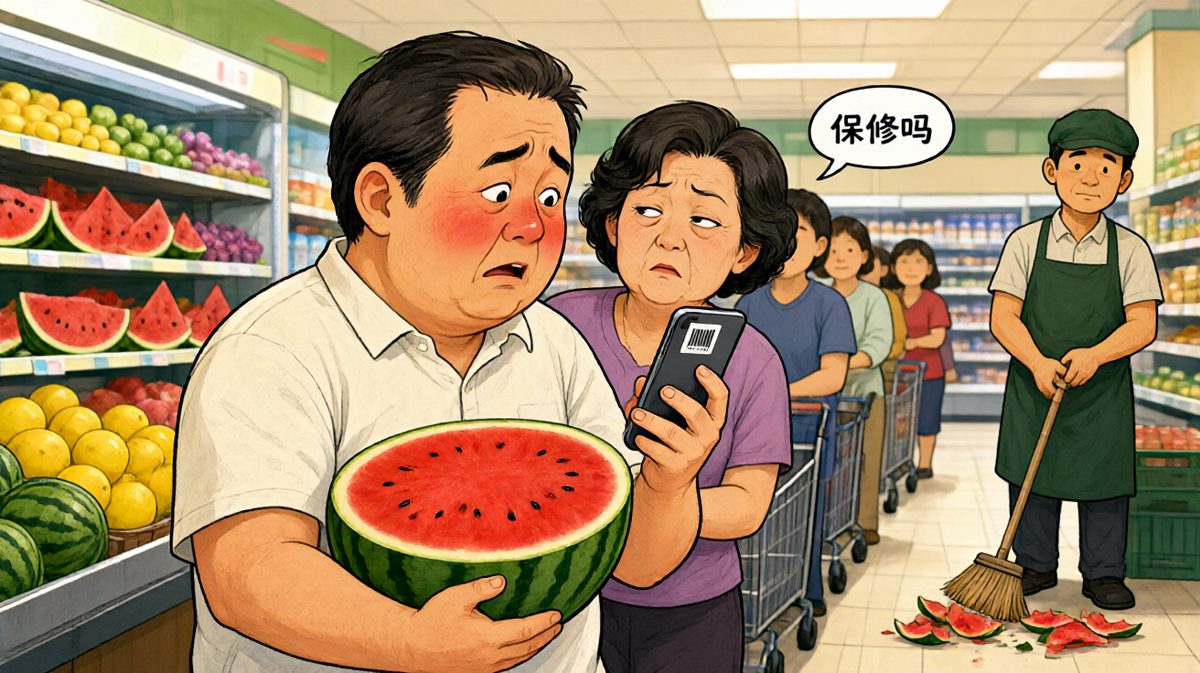 最终，大叔花同样的钱，只买回了半个瓜。