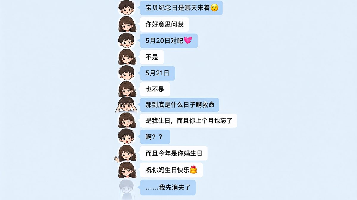 纪念日全错，连丈母娘也一起忘，男生已准备消失。