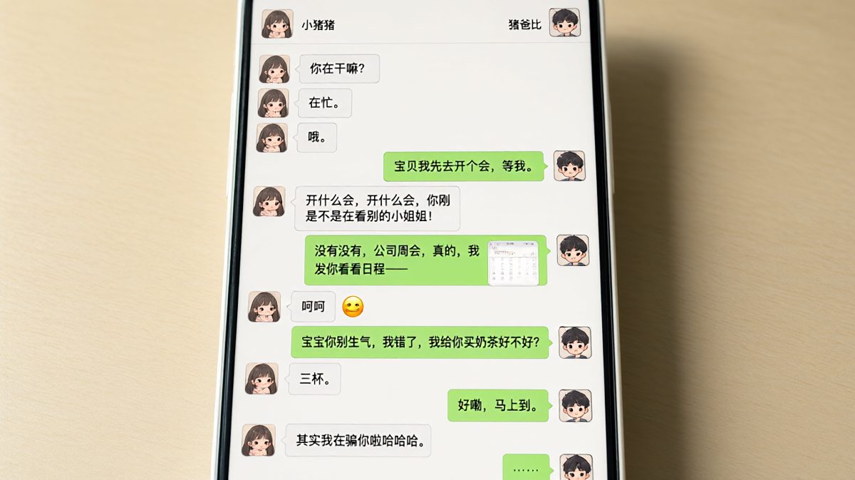 女生故意吃醋测试，男生拼命解释后才发现是谎言。