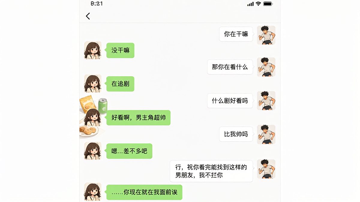 女生夸男主角帅，男生酸味溢出屏幕，最后女生一句'你就在我面前'全场逆转