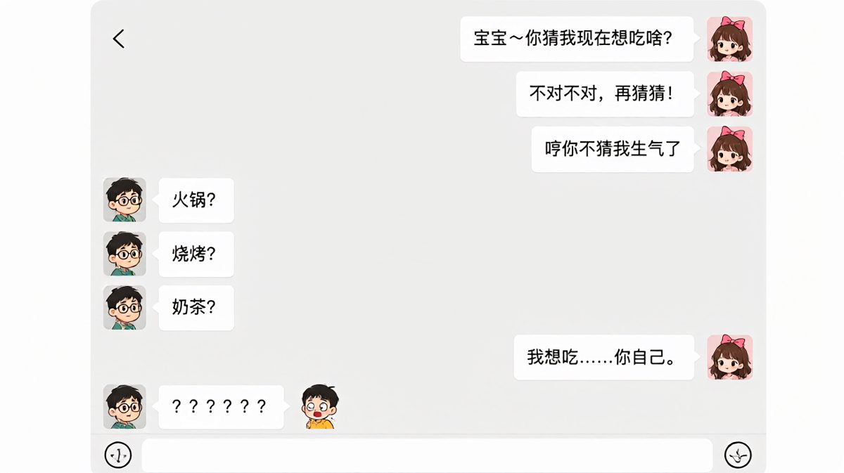 女生连环套路'你猜我想吃什么'，最后来了个土味情话暴击，男生彻底懵圈
