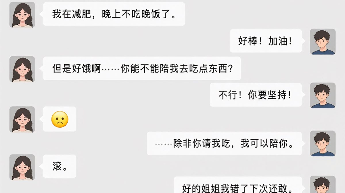女生想减肥却饿得不行求陪吃饭，男生嘴上拒绝身体却很诚实，最后秒变脸求投喂