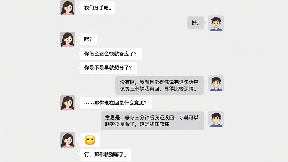 女生假装分手试探，男生看穿套路并反向教学，最后两人互飙演技笑到肚子疼