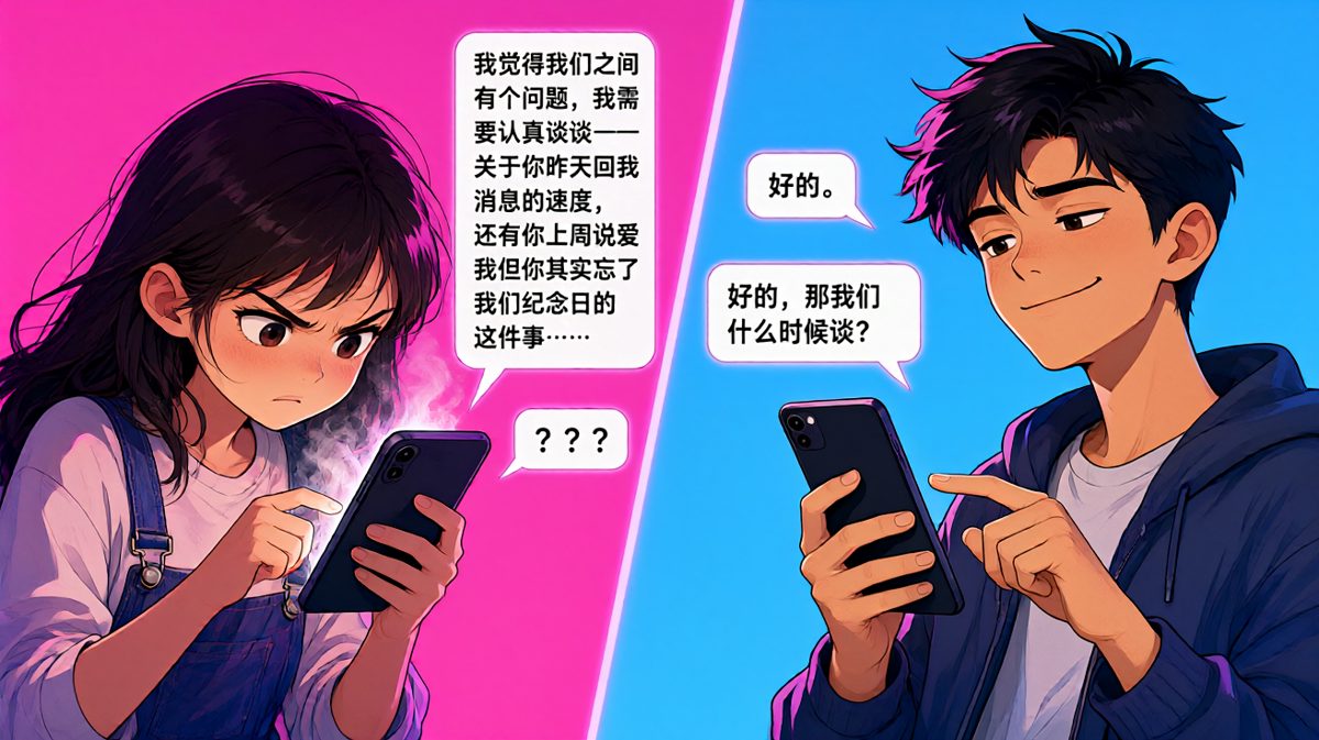 女友万字小作文 vs 男友一字真言——爱情中最长的距离是一句'好的'。