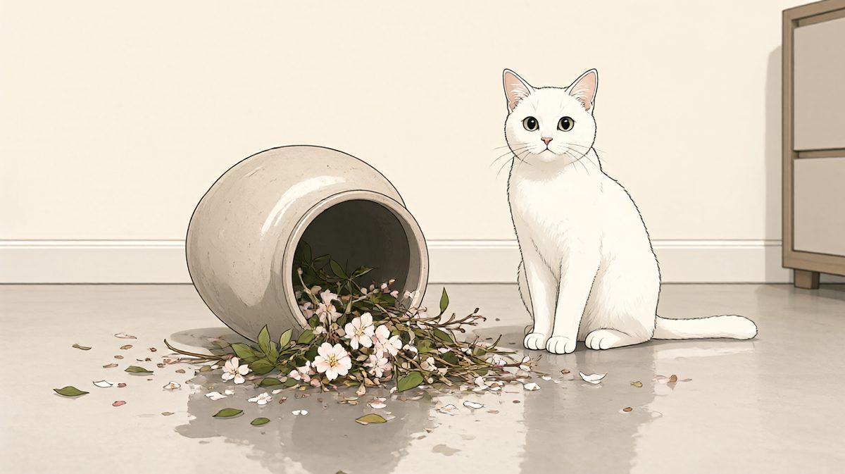 猫：不是我推的，是花瓶自己跳下去的。